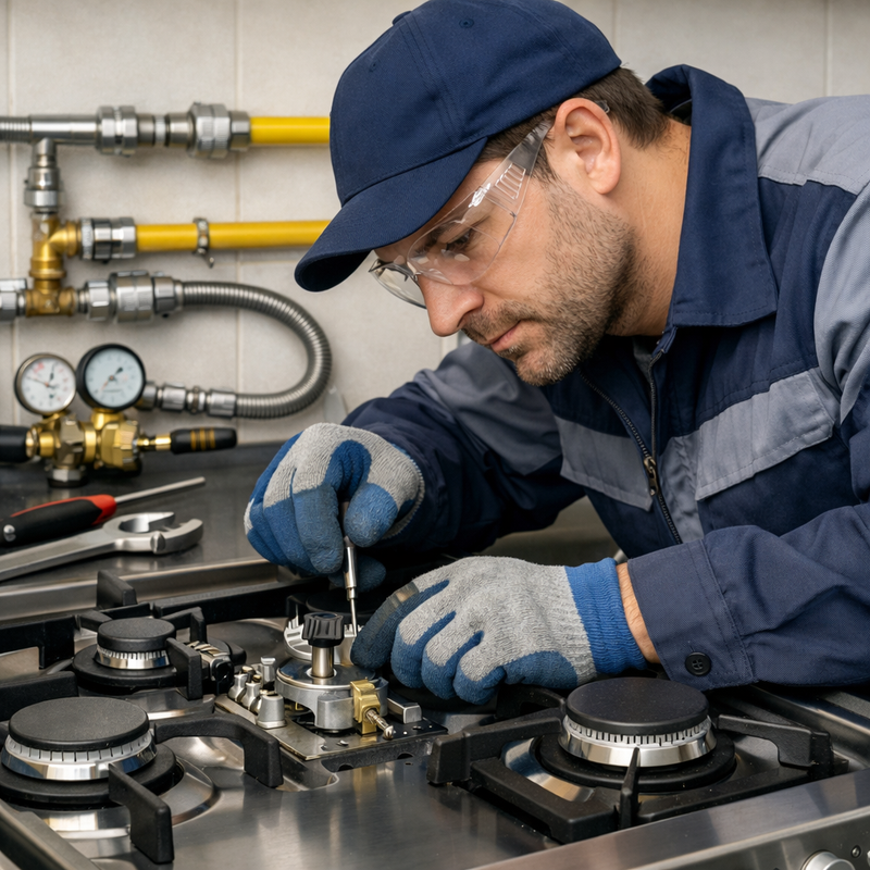 Technician checking gas stove burner