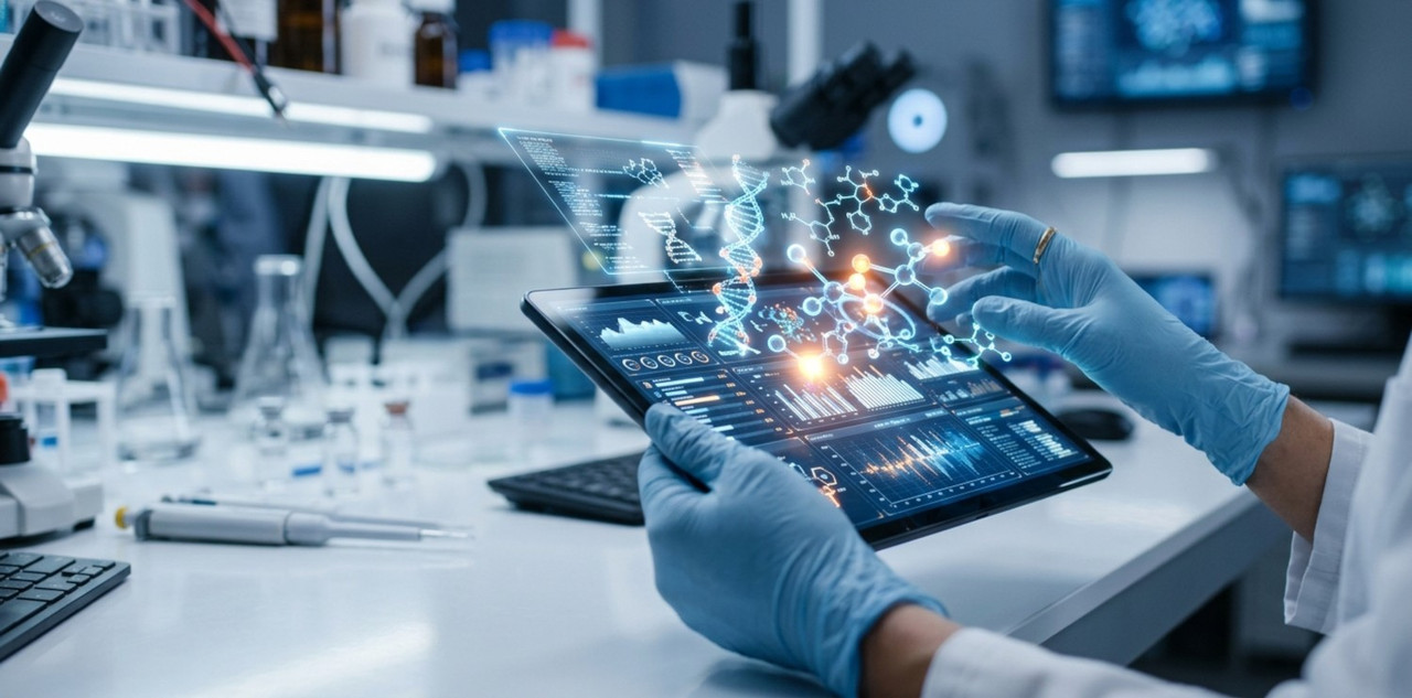 a close-up of a researcher's hands holding a modern tablet