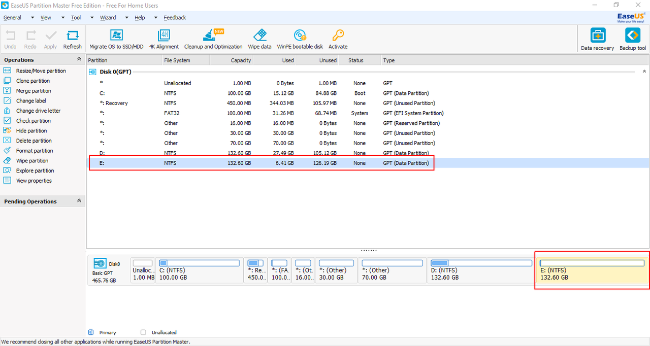 EaseUS Partition Master Free - Partition Selection