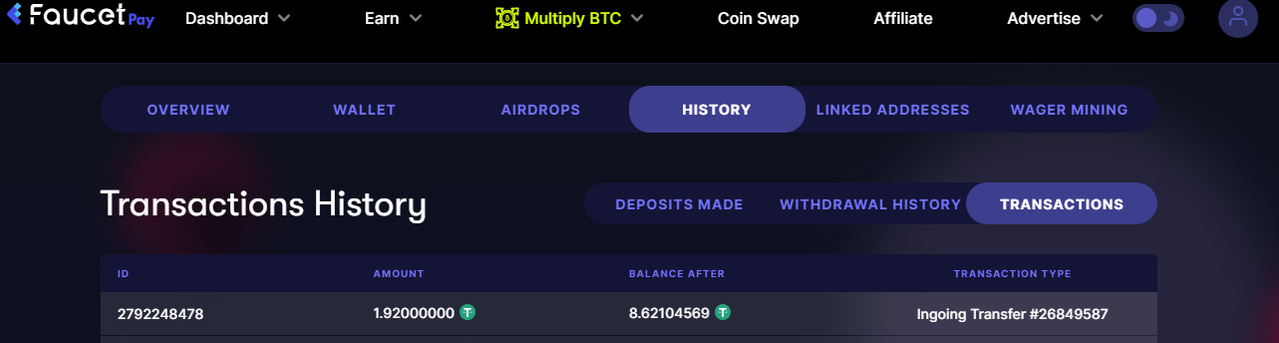 User Dashboard Faucet Pay