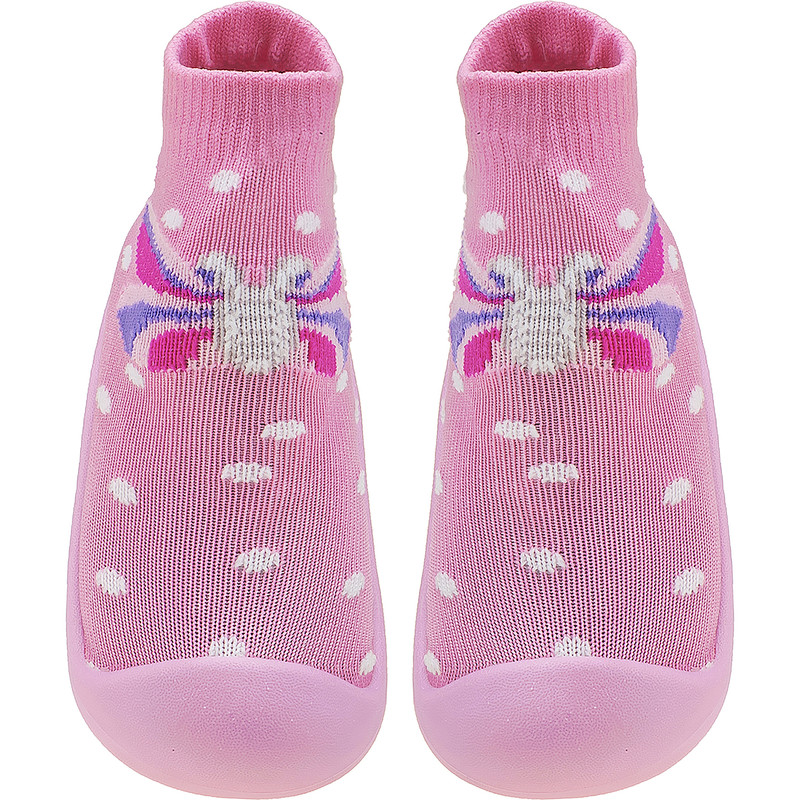 Meia com sola rosa infantil antiderrapante borboleta