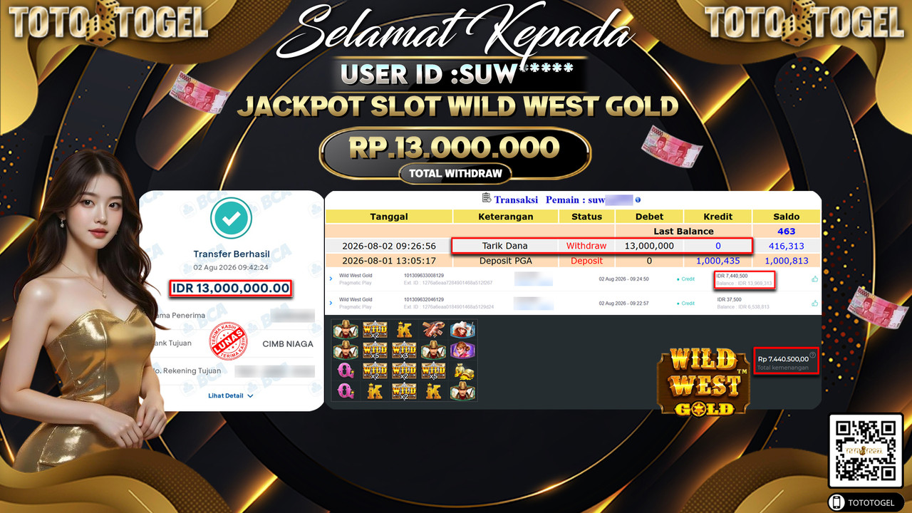 Bukti Pembayaran Jackpot SLOT WILD WEST GOLD ID:SUW**** LUNAS