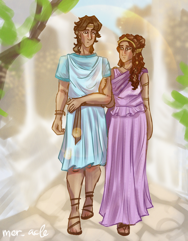 Penelope and Telemachus walking arm in arm through town