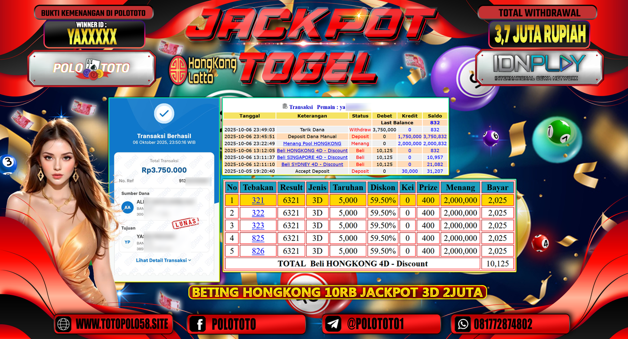 POLOTOTO JACKPOT TOGEL HONGKONG LOTTO Rp.3.700.000,- LUNAS
