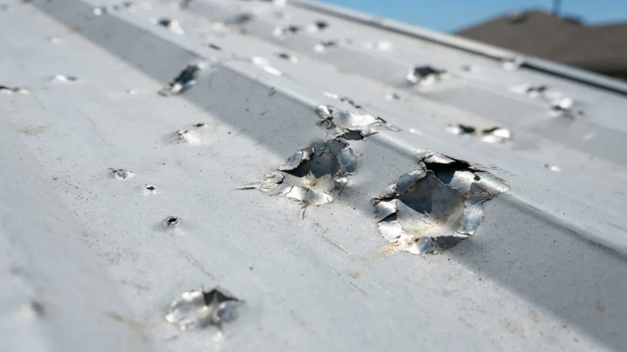 Hail impact on 29 gauge metal roofing panel dent damage San Antonio Texas