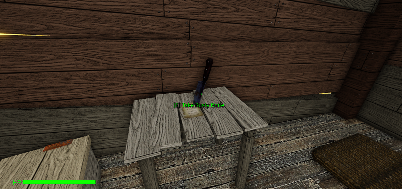 The inside of a shack in roblox, a knife stabbed through a note on a wooden table.