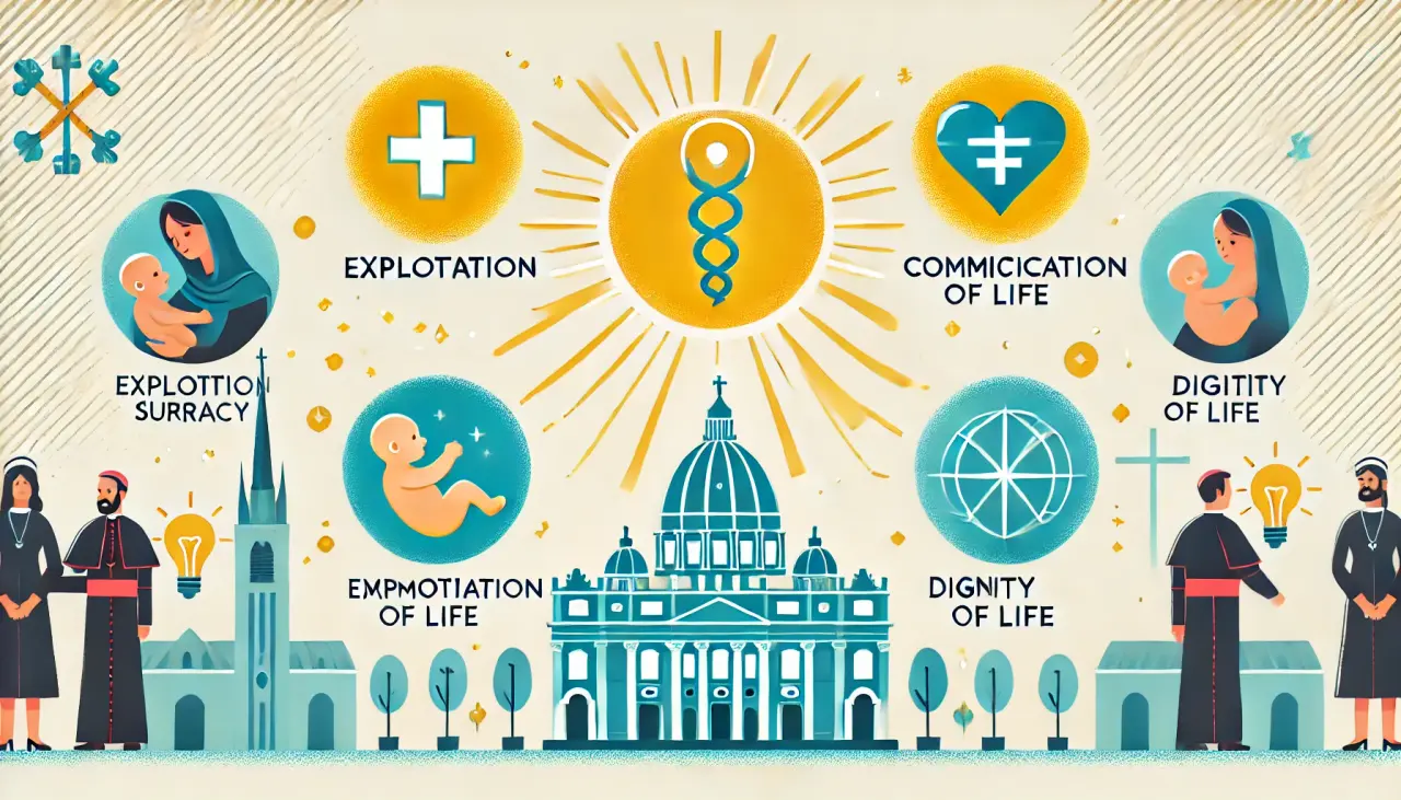 Visual depicting ethical concerns of surrogacy as seen by the Catholic Church, including exploitation and commodification.