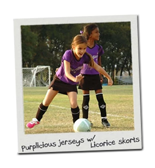 Purplicious Purple youth girls soccer jerseys with Licorice Black skorts.