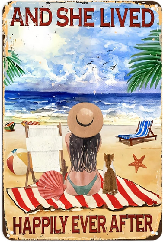 Vintage Beach Girl Metal Sign And She Lived Happily Ever After Wall Art Coastal Seascape Decor for H