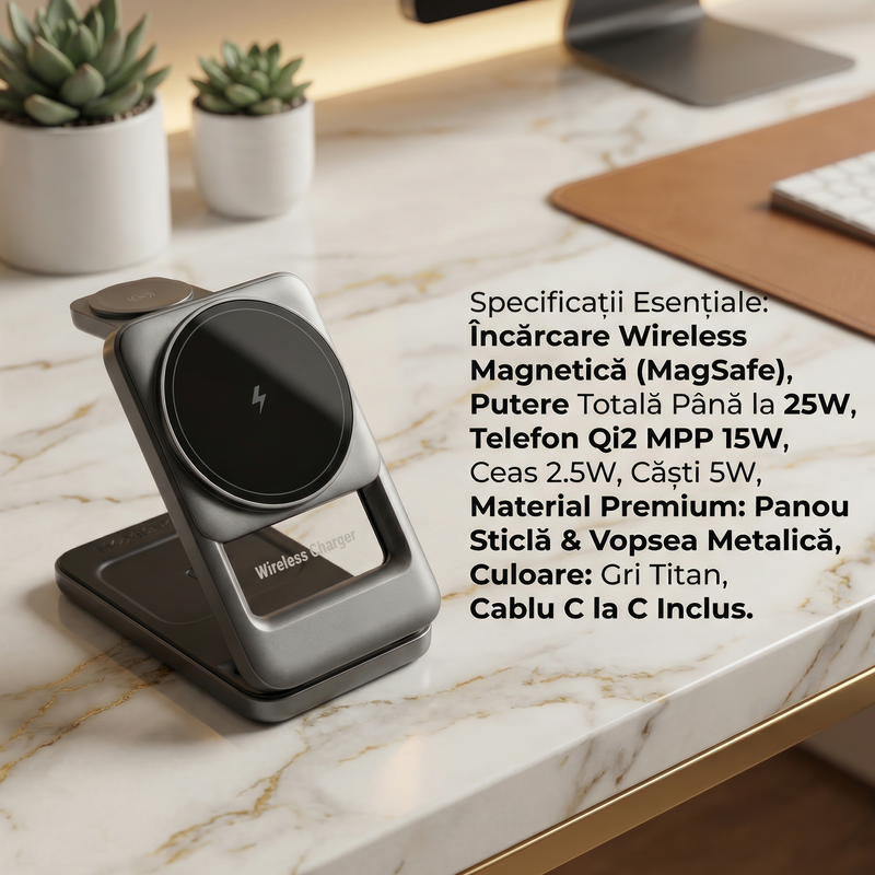 Incarcator Wireless Statie Incarcare 3 In 1 Qi2 Fast Charger 25W, Compatibil Magsafe, Daden®, Incarcare Rapida, Stand desktop pentru telefon, ceas si casti, Panou din sticla, Gri titan QN 8C v TSd GWAGrj UVMt BA FMk Soi Zg SUW Zr ON2j GYXw