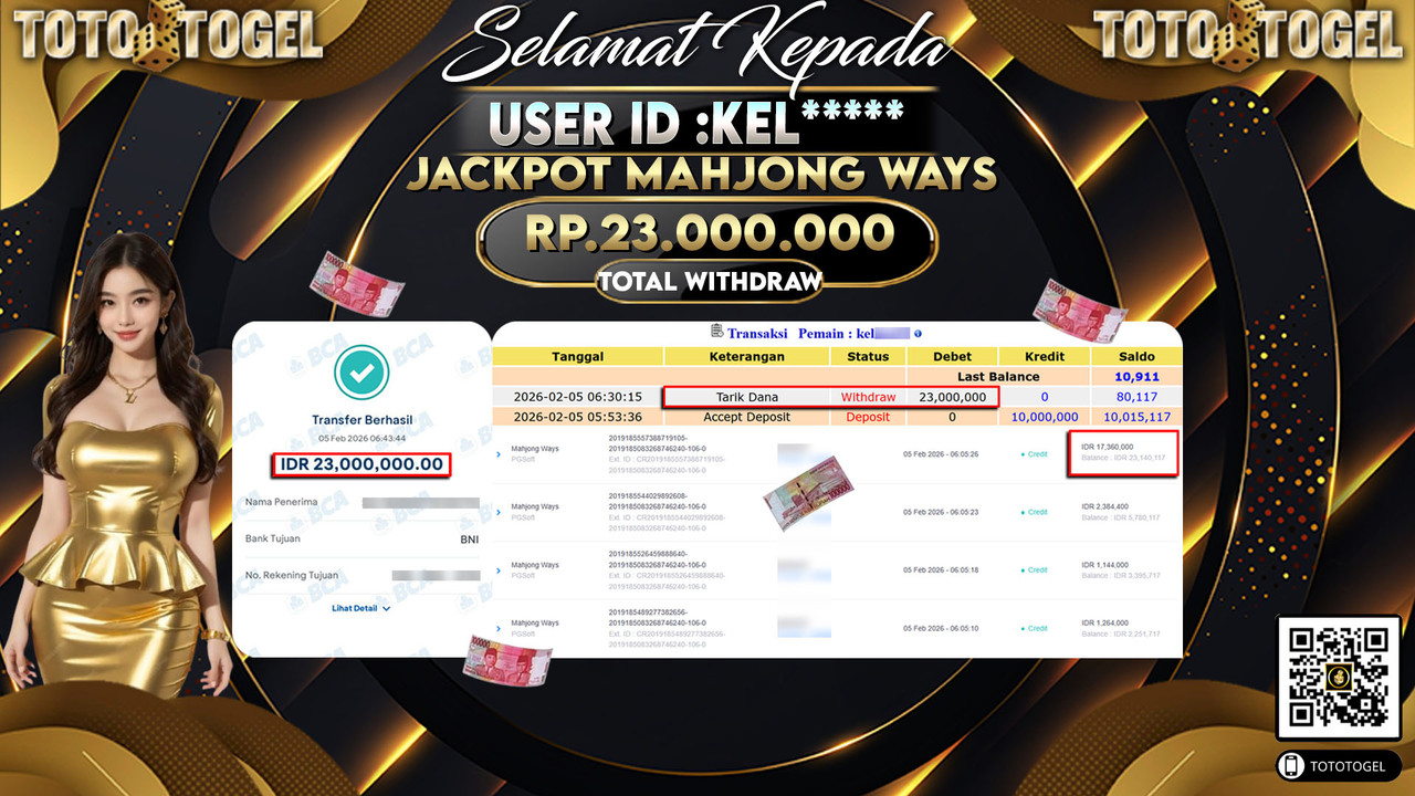 Bukti Pembayaran Jackpot Permainan Slot Mahjong Ways ID:KEL*****LUNAS