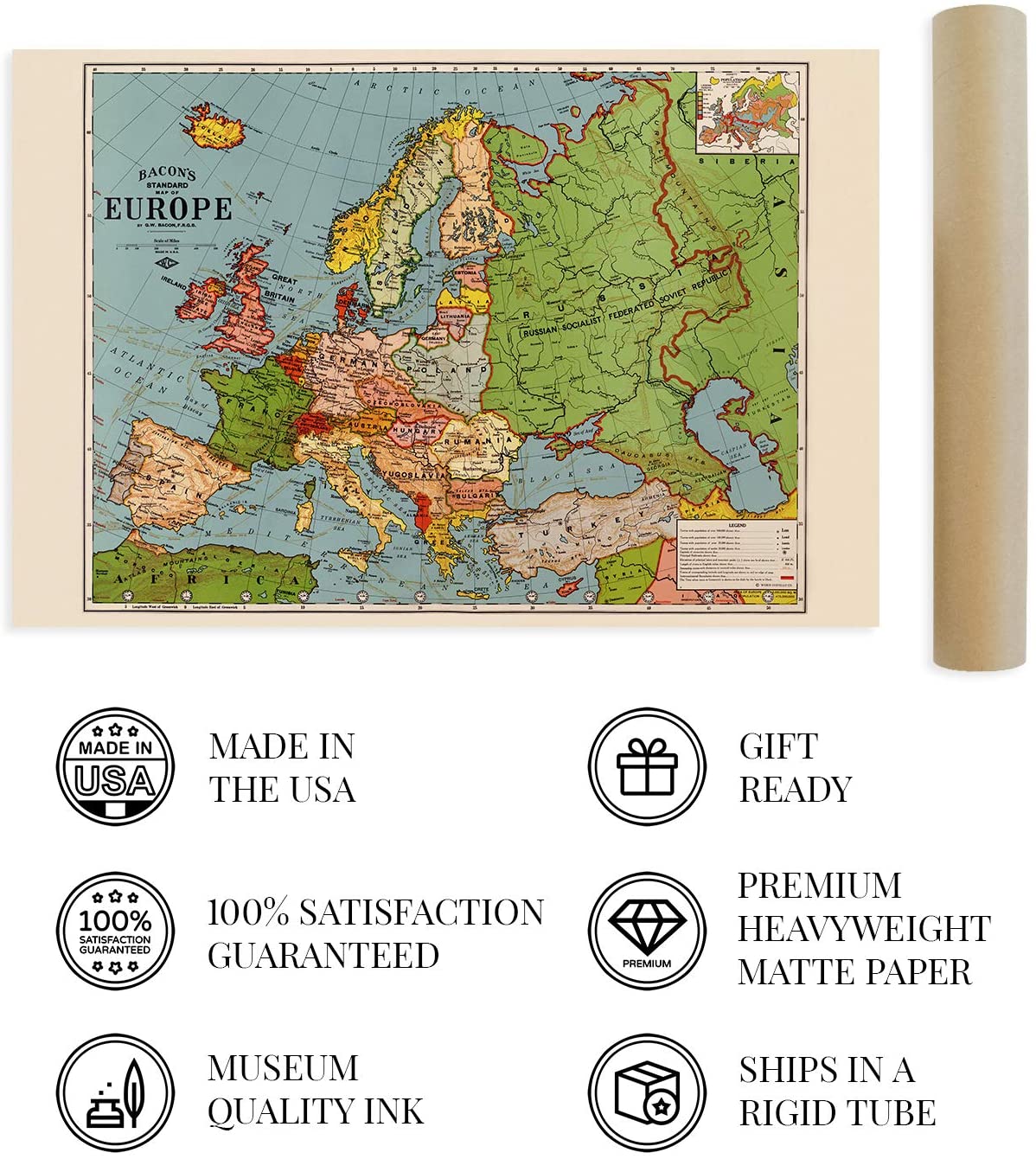 1925 Map of Europe Poster - Vintage Standard Map of Europ Wall Art Decor Print - Picture 21 of 24