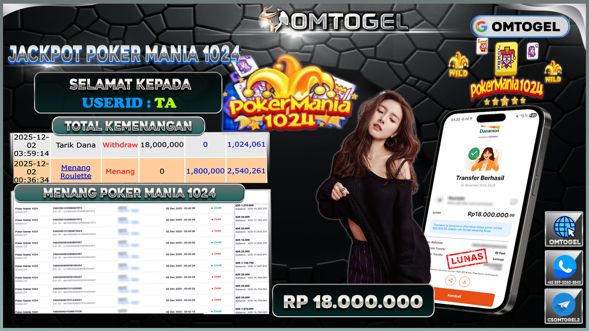 OMTOGEL JACKPOT IDNSLOT POKER MANIA 1024  ,18 JUTA DI BAYAR LUNAS ,-