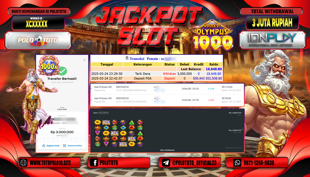 POLOTOTO JACKPOT SLOT GATES OF OLYMPUS 1000 Rp.3.000.000,-