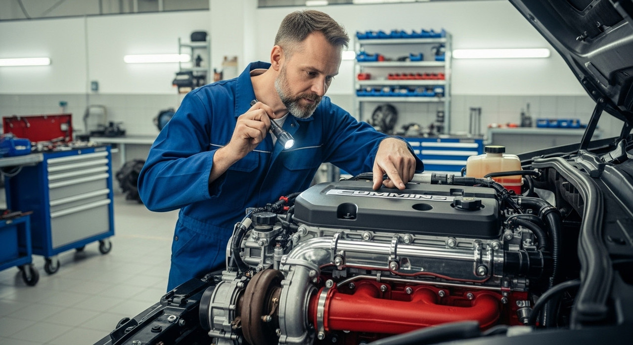 Автослесарь осматривает дизельный двигатель Cummins в автосервисе