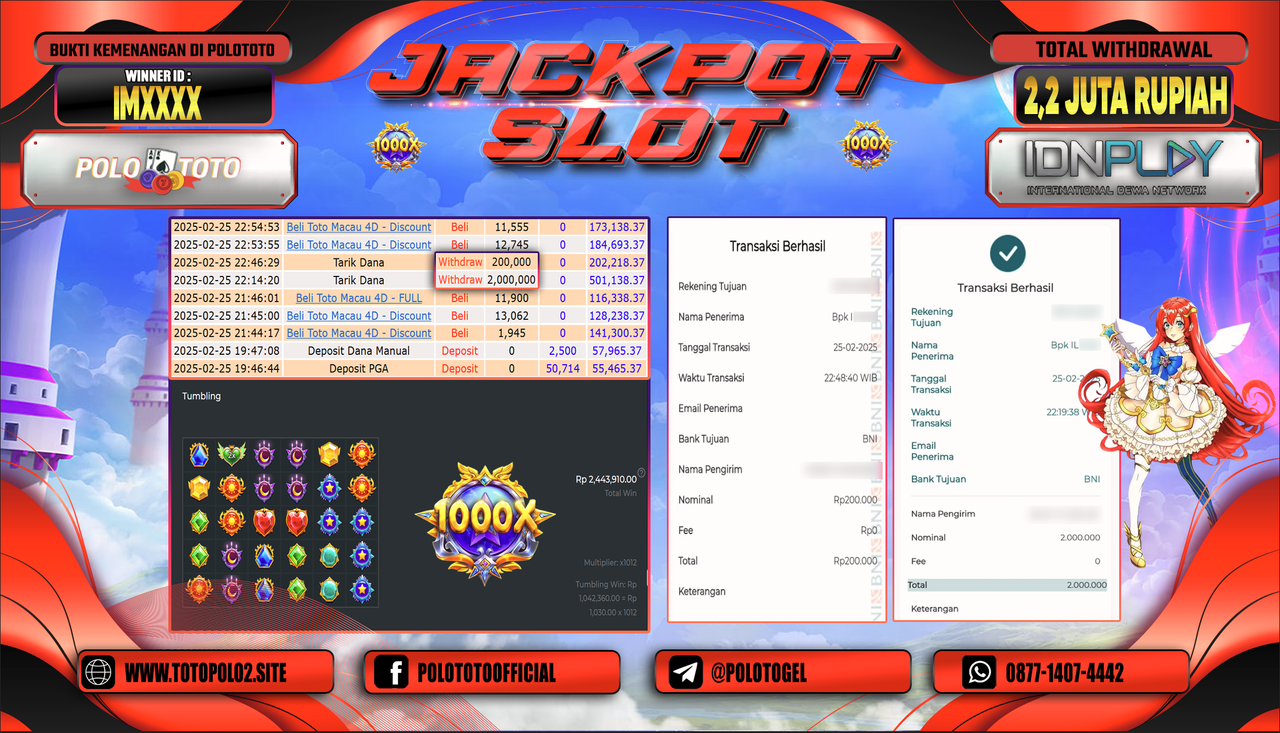 POLOTOTO JACKPOT SLOT STARLIGHT PRINCESS 1000 Rp.2.200.000,-