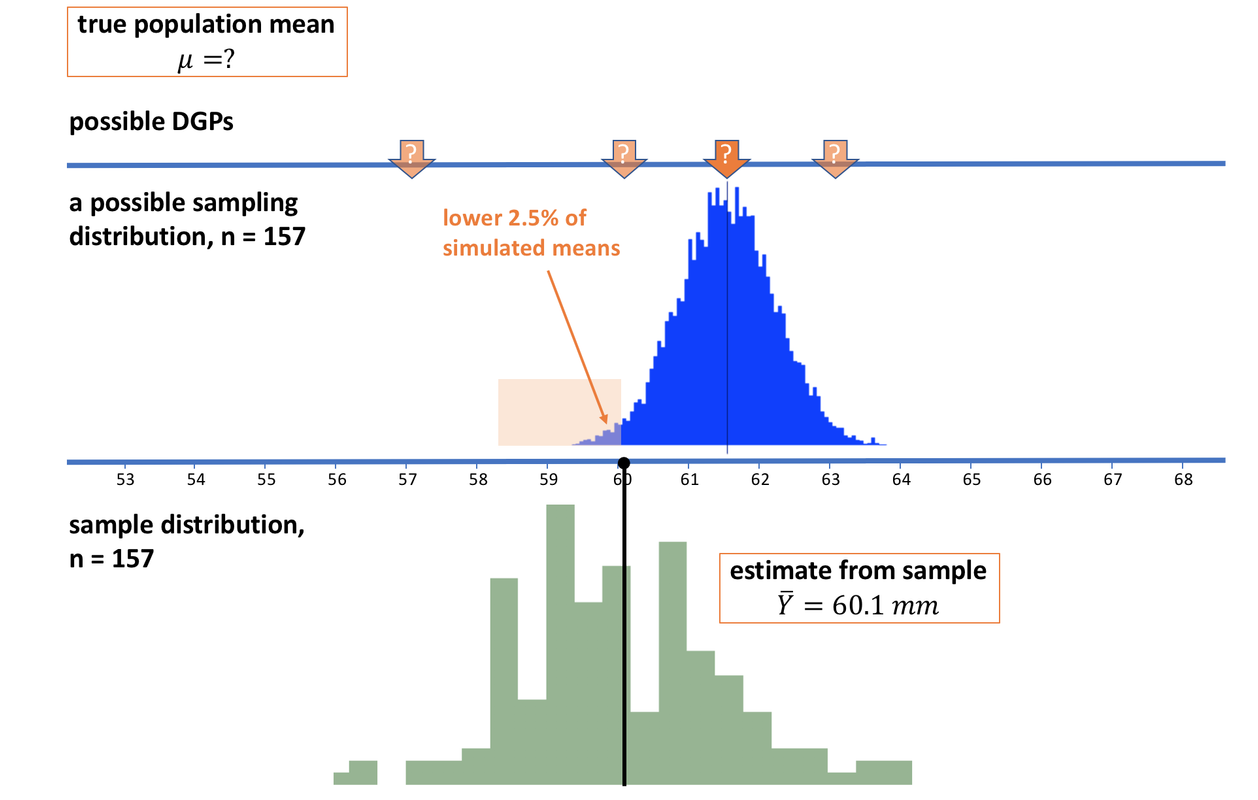 In the series of graphs we mentioned above, we again move the DGP and its corresponding sampling distribution along the number line until the lower 2.5% cut-off value of the sampling distribution is the same as the estimate of the population mean from our sample distribution.