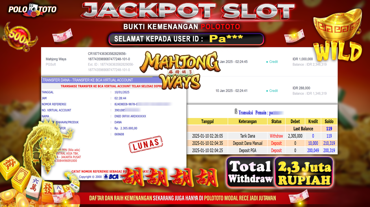POLOTOTO JACKPOT SLOT MAHJONG WAYS Rp.2,305.000,-
