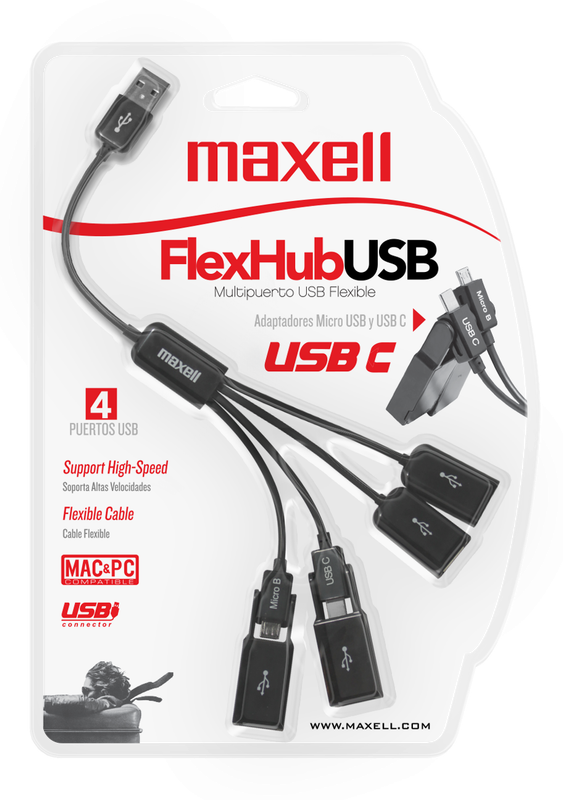 Hub flexible Maxell con entrada USB-C y múltiples puertos de salida.