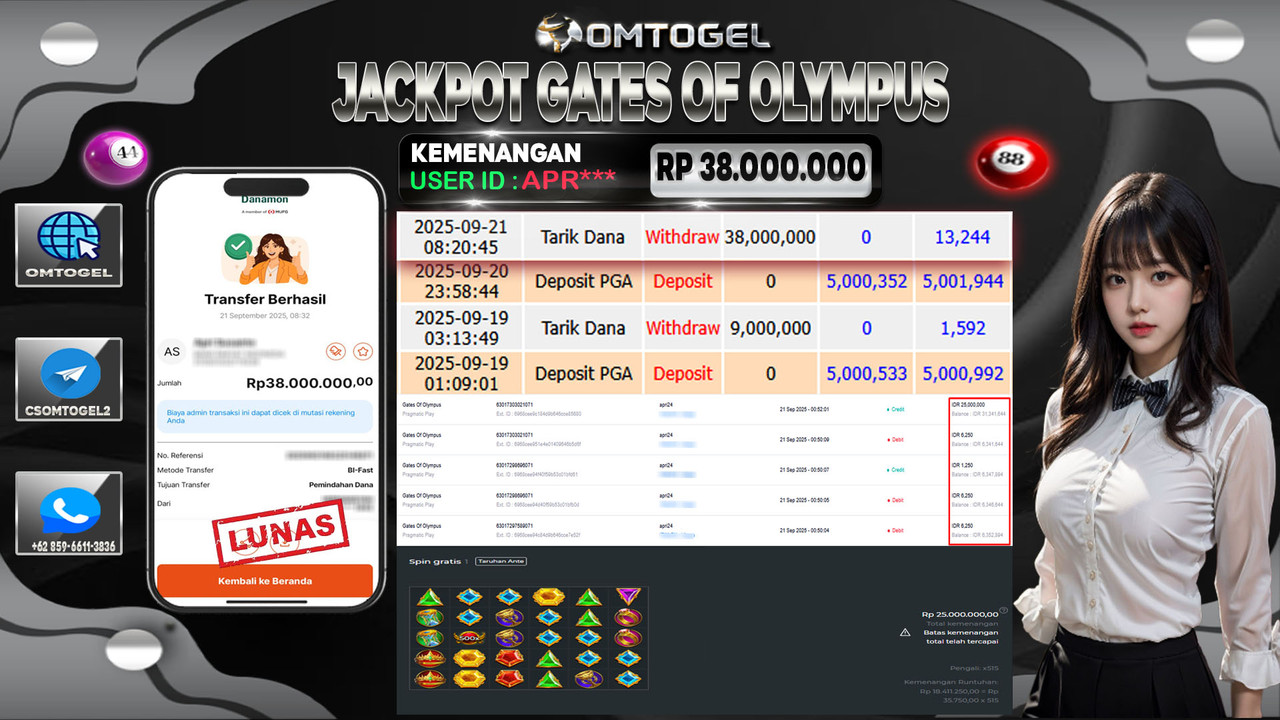 OMTOGEL JACKPOT PRAGMATIC PLAY GATES OF OLYMPUS 38 JUTA DI BAYAR LUNAS ,-