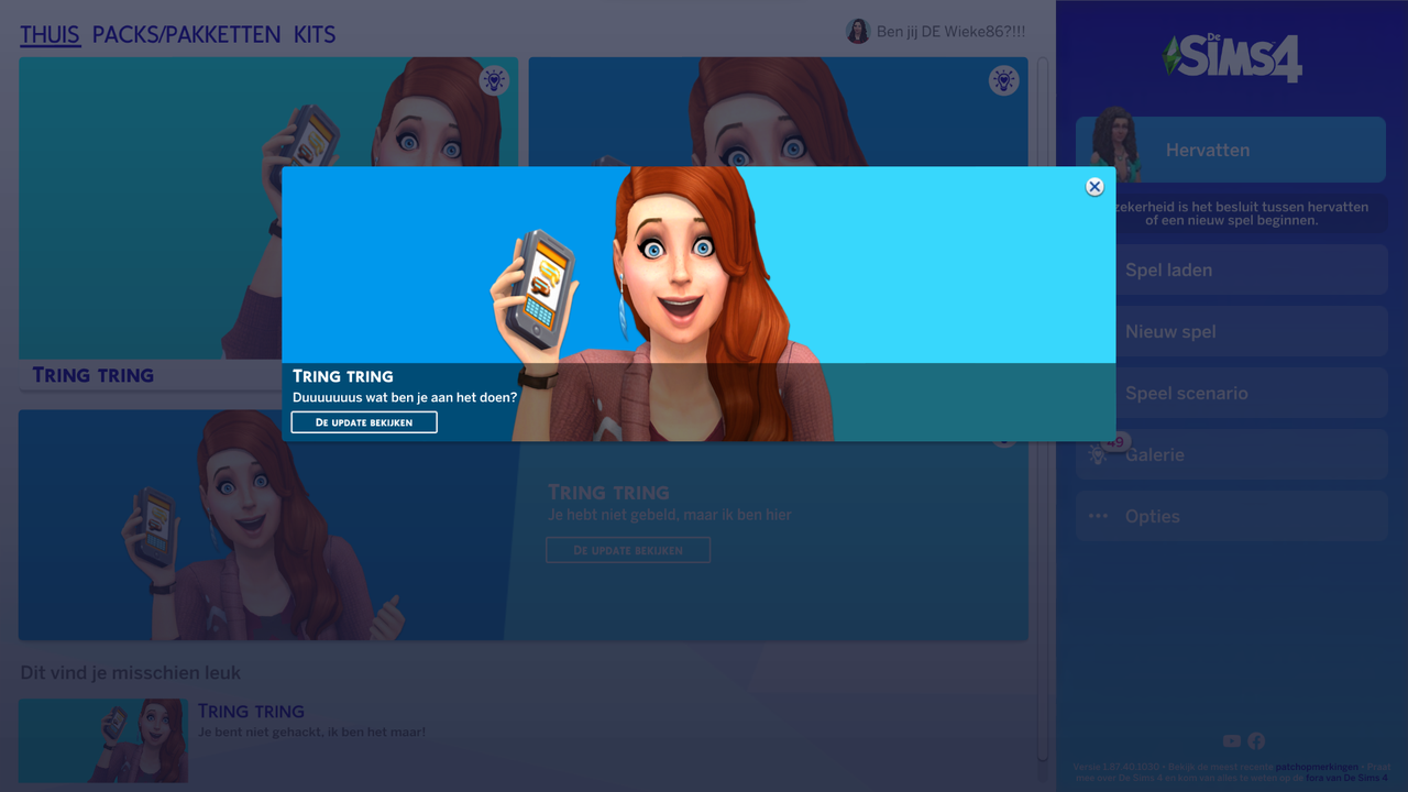 Hoofdmenu Sims 4 pop up