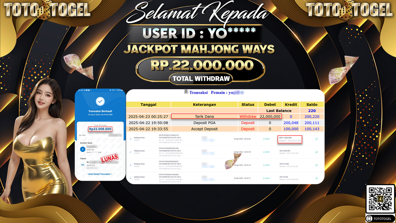 Bukti Pembayaran Jackpot  Permainan Slot Mahjong Ways ID:YO***** LUNAS