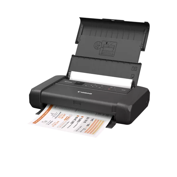 Impresora portátil Canon PIXMA TR150, mostrando su diseño delgado y ligero.