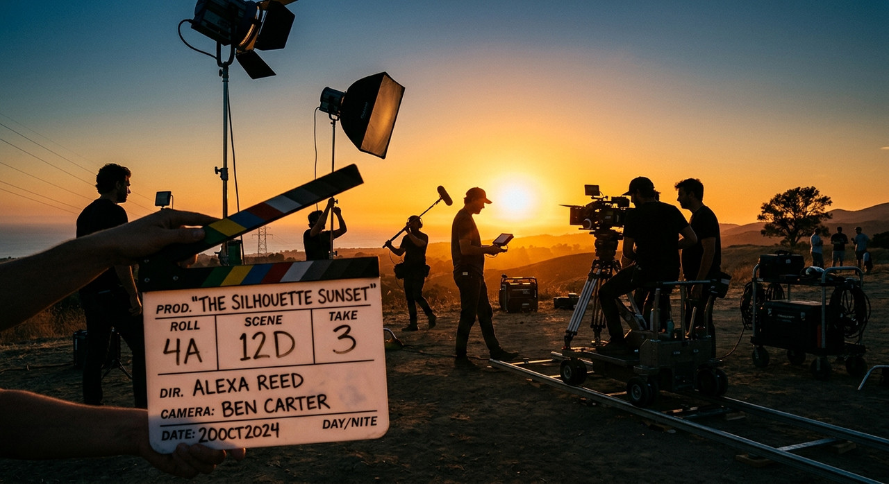 Film crew silhouette against a dusk sky on an exterior location set.
