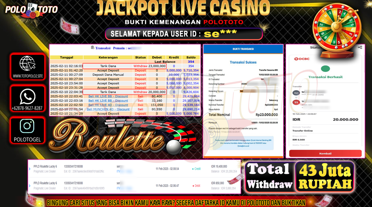 POLOTOTO JACKPOT LIVE CASINO PPLD ROULETTE LUCKY 6 Rp.43.000.000,-
