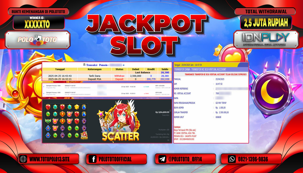 POLOTOTO JACKPOT SLOT STARLIGHT PRINCESS 1000 Rp.2.500.000,-