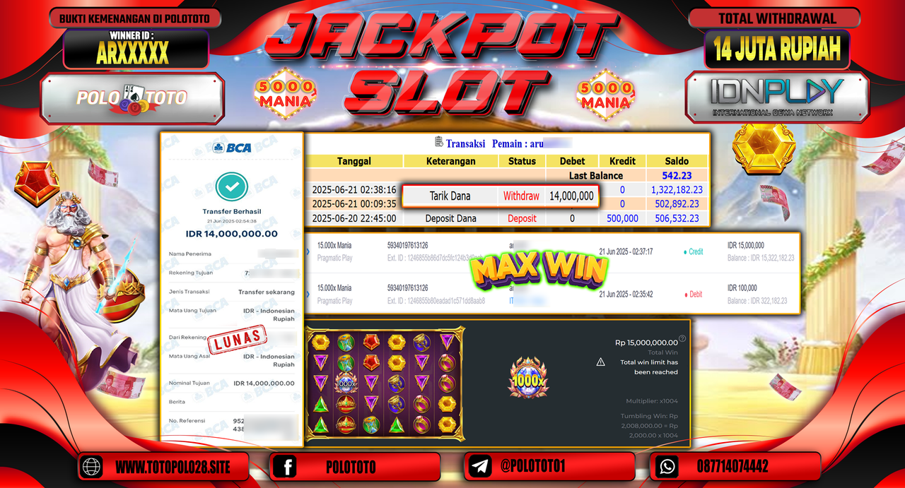 POLOTOTO JACKPOT SLOT 15.000X MANIA Rp.14.000.000,-