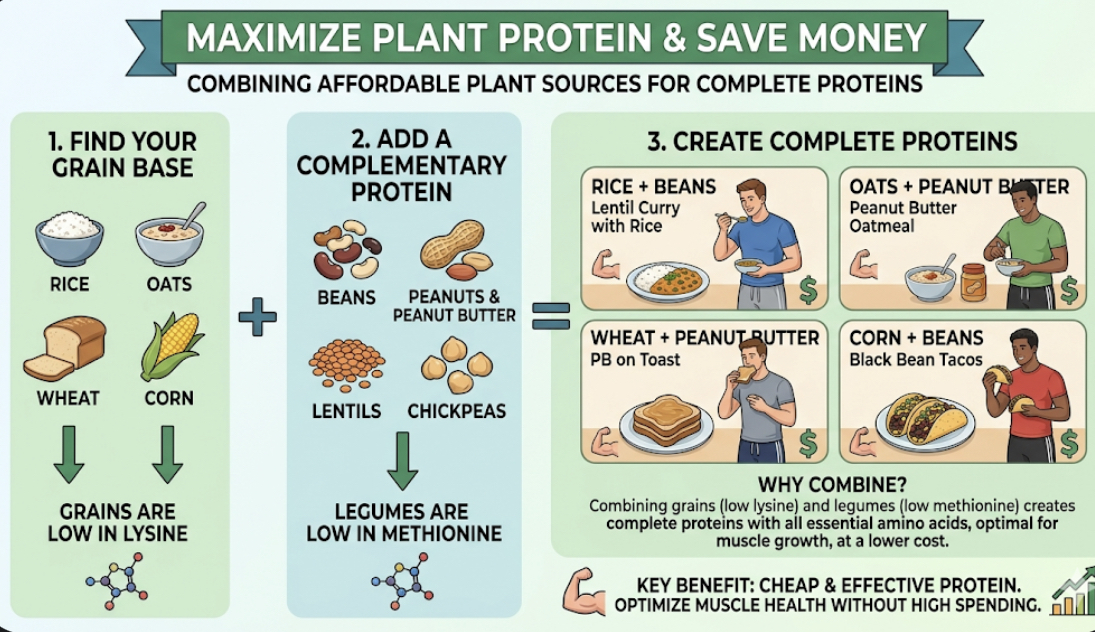 Diagram showing plant protein combinations like rice and beans, oats and peanut butter, for affordable protein sources and high protein foods low cost