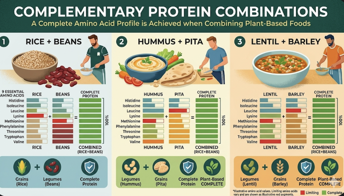 Infographic showing complementary protein combinations like rice plus beans, hummus plus pita, and lentil plus barley with amino acid profiles