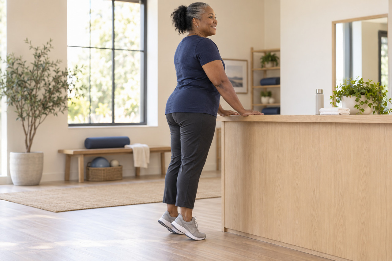 person standing at counter for balance
