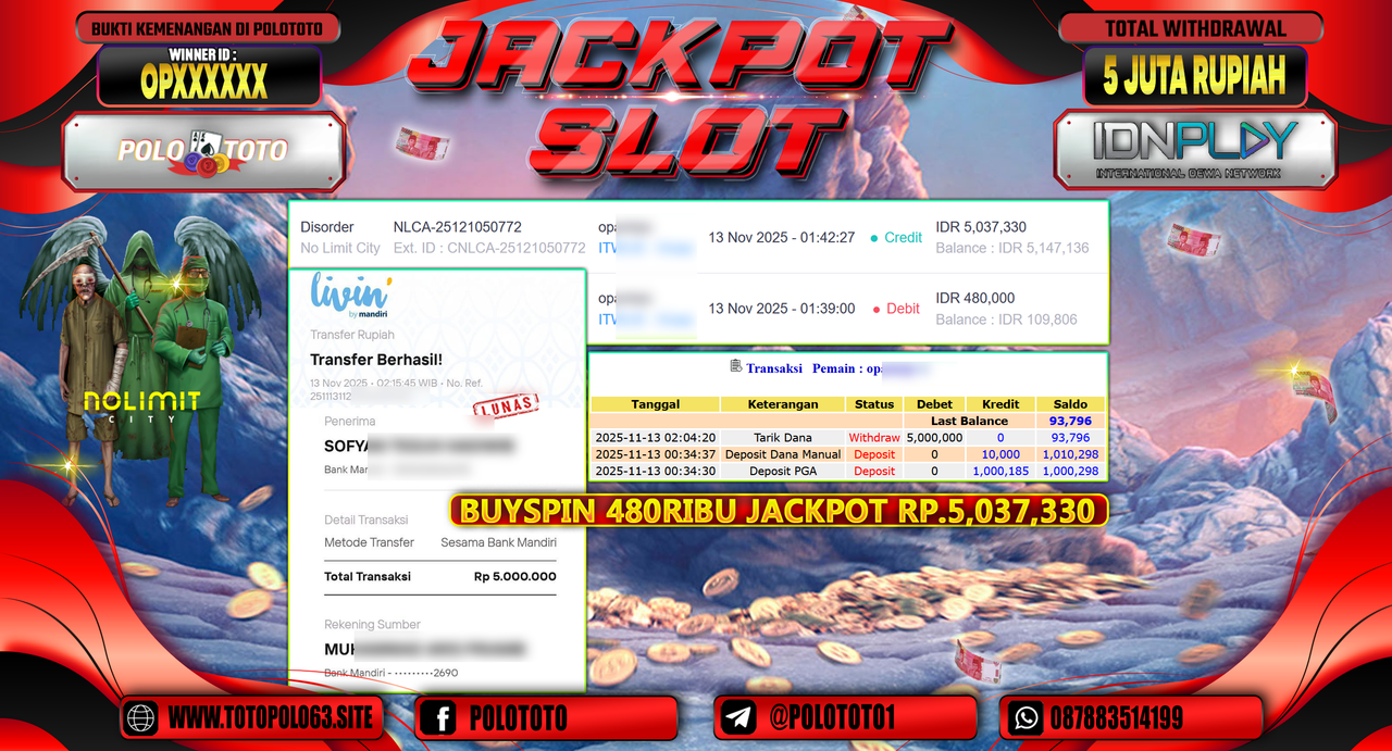 POLOTOTO JACKPOT SLOT DISCODER Rp.5.000.000,- LUNAS