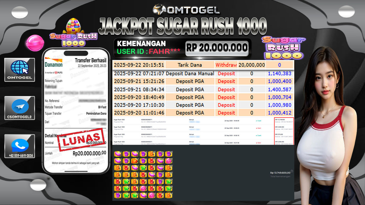 OMTOGEL JACKPOT PRAGMATIC PLAY SUGAR RUSH 1000 20 JUTA DI BAYAR LUNAS ,-