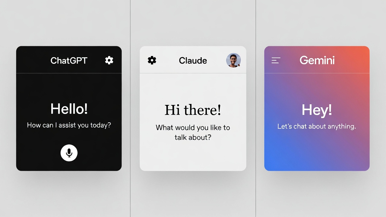 Side-by-side interface comparison of ChatGPT, Claude, and Gemini AI assistants in 2026