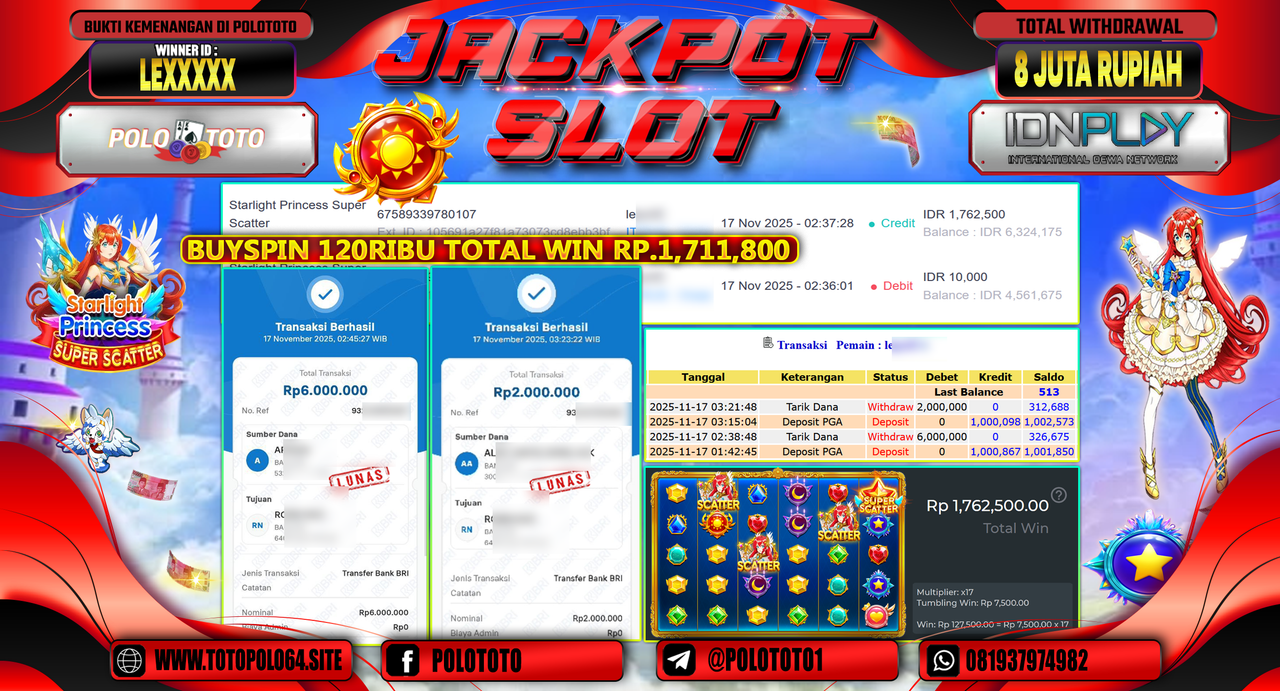 POLOTOTO JACKPOT SLOT STARLIGHT PRINCESS SUPER SCATTER Rp.8.000.000,- LUNAS