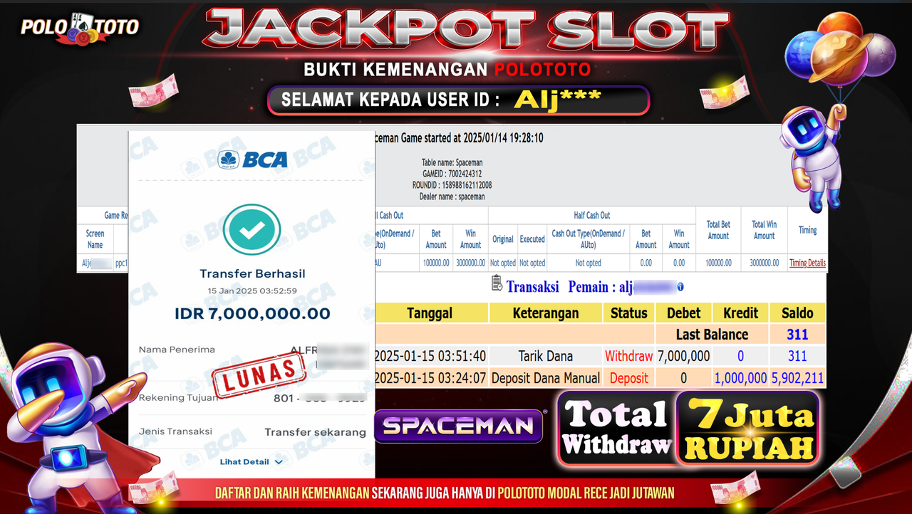 POLOTOTO JACKPOT SLOT SPACEMAN Rp.7,000.000,-