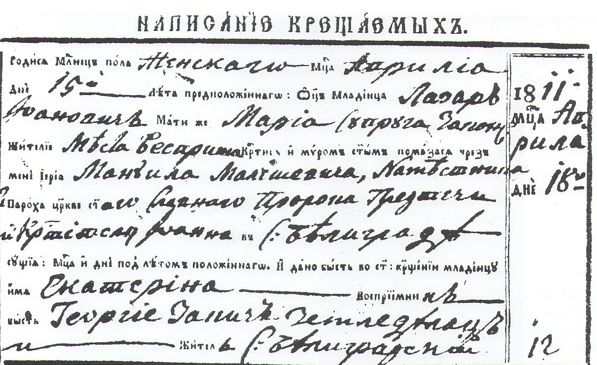 Izvod iz protokola crkve sv. Jovana od 11. aprila 1811. o rođenju slikarke Katarine Ivanović/wikimedia commons