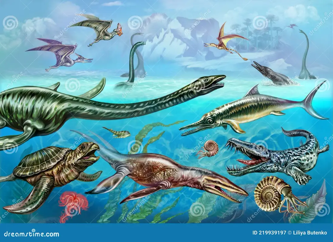 marine-dinosaurs-realistic-drawing-illustration-encyclopedia-extinct-animals-inhabitants-seas-oceans