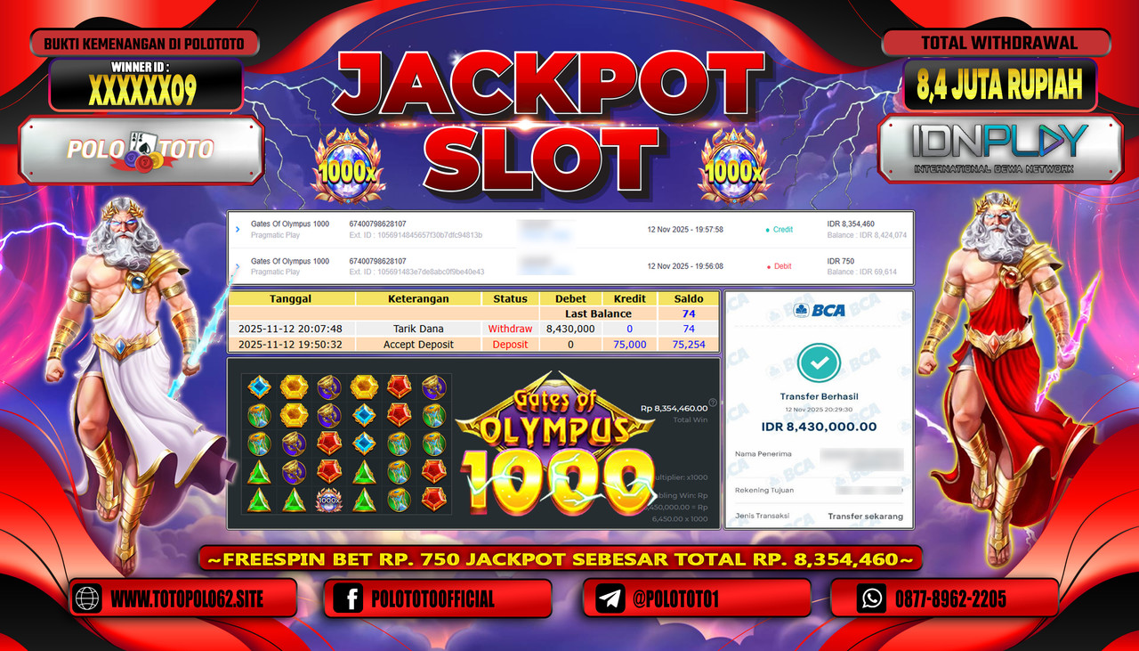 POLOTOTO JACKPOT SLOT GATES OF OLYMPUS 1000 Rp.8.400.000,- LUNAS