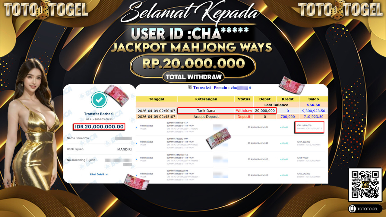 Bukti Pembayaran Jackpot Permainan Slot Mahjong Ways ID:CHA*****LUNAS