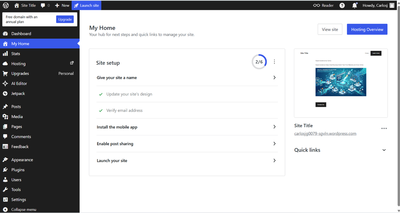 WordPress.com dashboard showing the My Home setup checklist after creating a new account