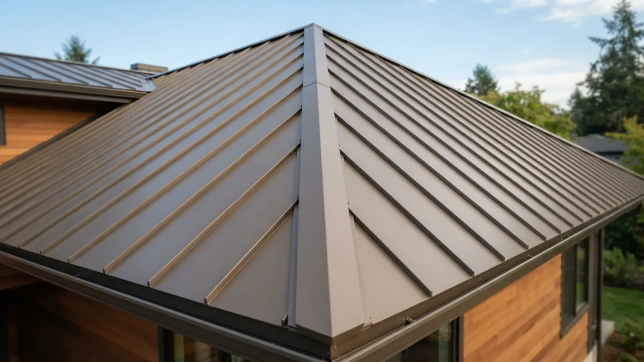Standing seam metal roof on San Antonio residential home showing clean panel lines and ridge cap