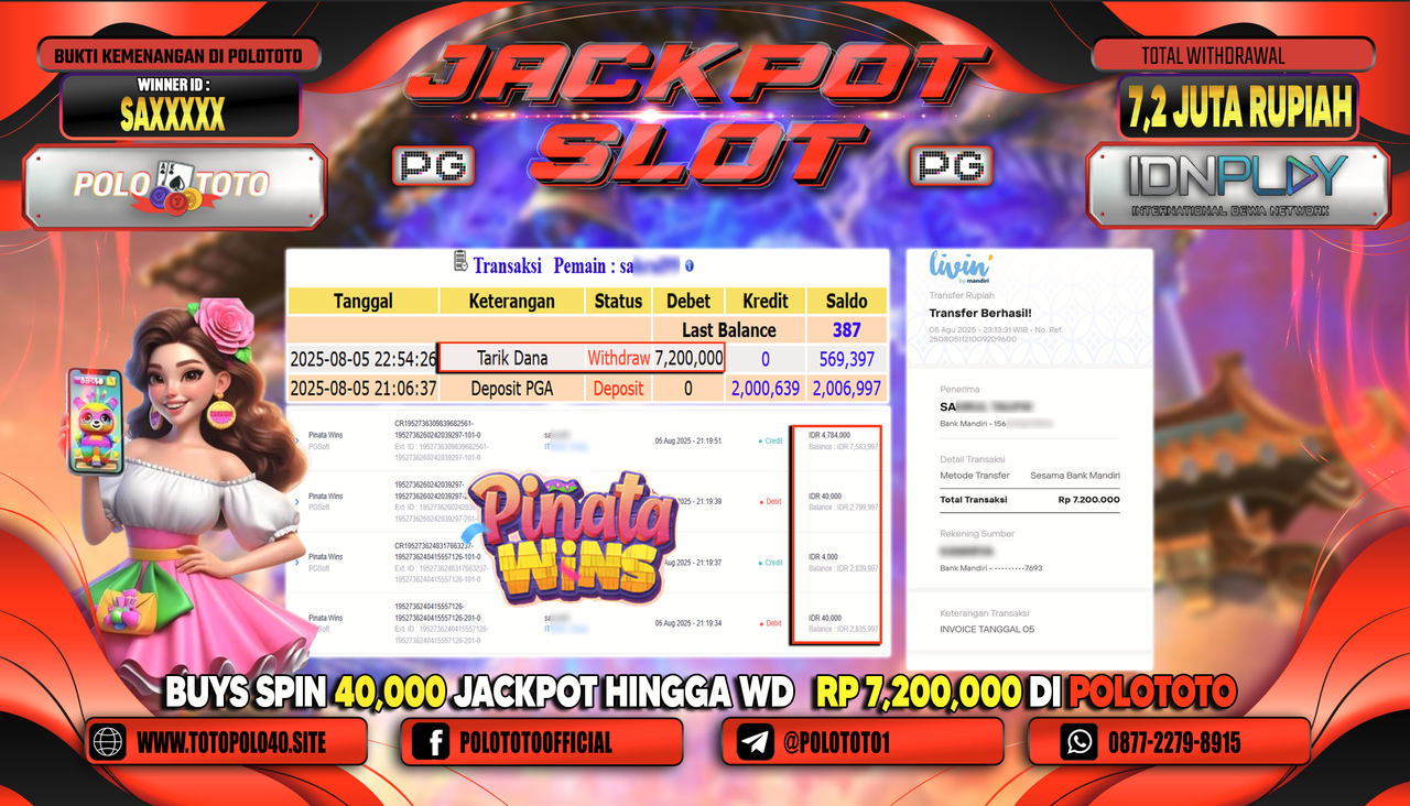 POLOTOTO JACKPOT SLOT PINATA WINS Rp.7.200.000,-LUNAS