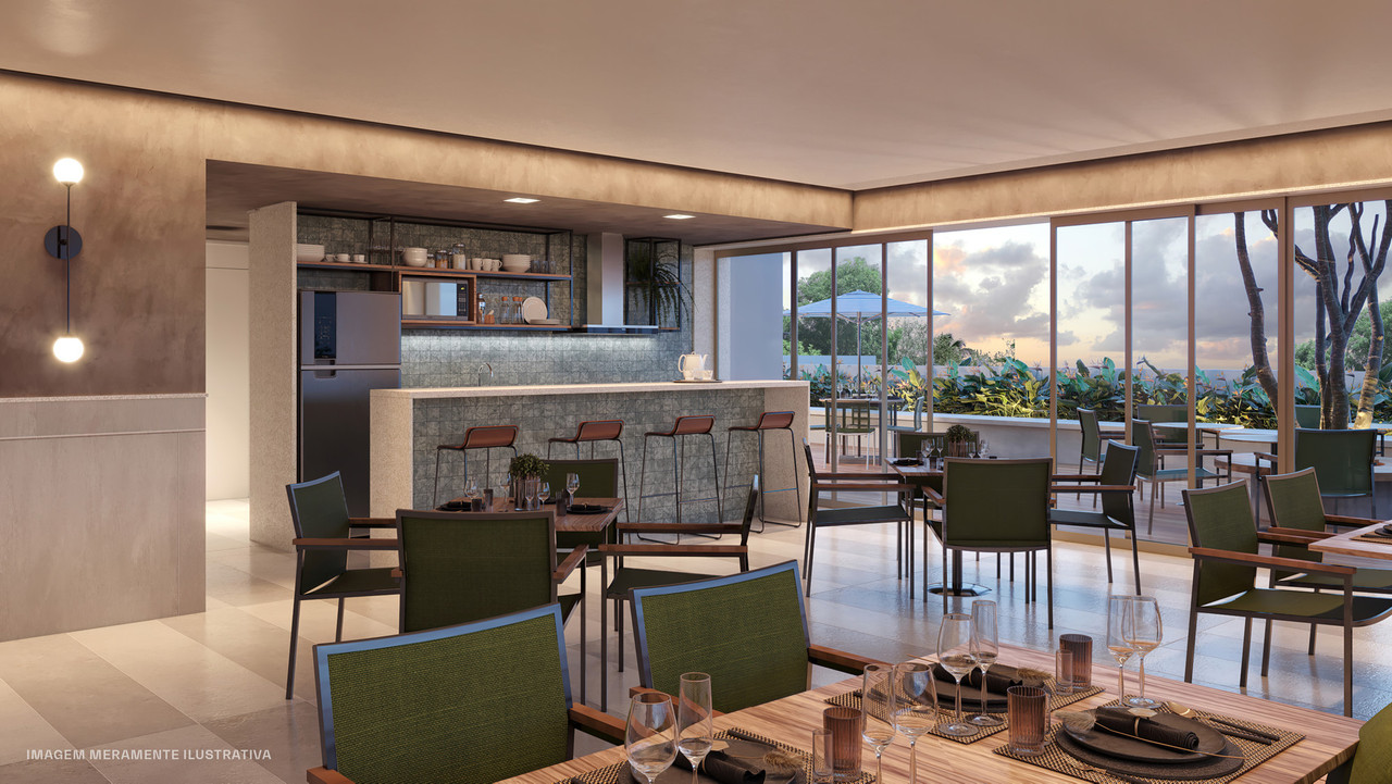 Espaço café e lounge do Icon Design Living com design contemporâneo