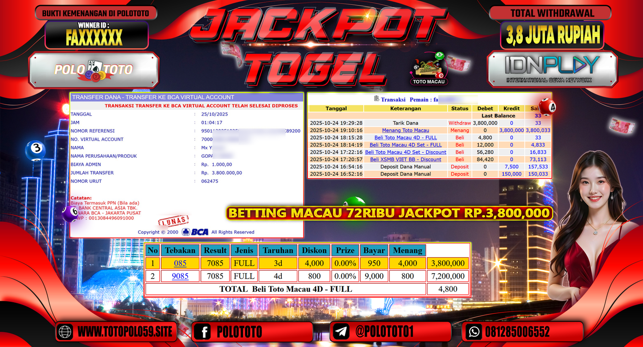 POLOTOTO JACKPOT TOGEL MENANG TOTO MACAU Rp.3.800.000,- LUNAS