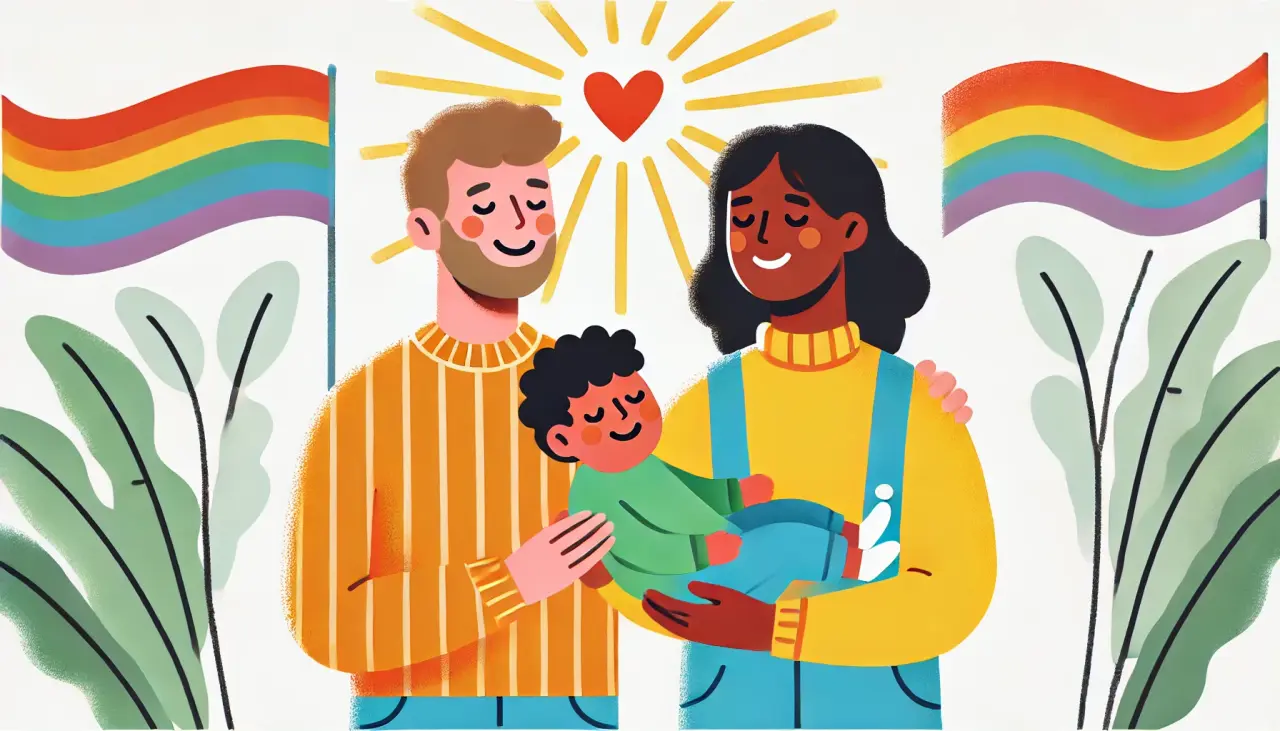 Illustration of LGBTQ parents with a child, symbolizing the inclusivity of Vermont surrogacy laws for diverse families.