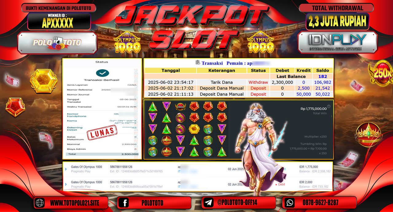POLOTOTO JACKPOT SLOT GATES OF OLYMPUS 1000 Rp.2.300.000,-